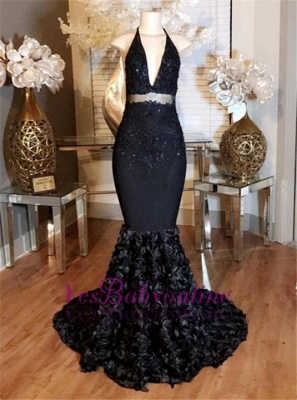 Kleid mit tiefem V-Ausschnitt Mermaid Lace-Appliques Halfter mit Prom Rose Flowers_1