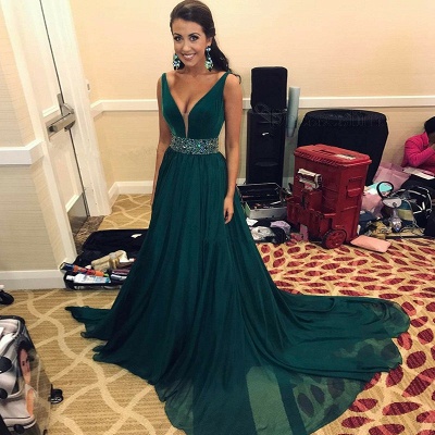 Robe de bal verte à col en V | Robes de soirée longues sans manches avec cristaux_3