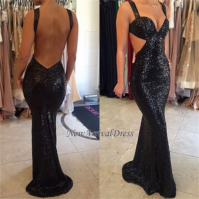Black Straps Sweep-Train Mermaid Sexy Backless Prom Dresses_1