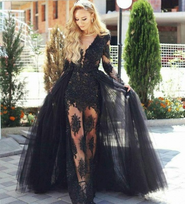 Glamouröse schwarze Tüll-Spitze-Abschlussball-Kleider Online | Langärmlige Abendkleider mit abnehmbarem Rock BA7963_3