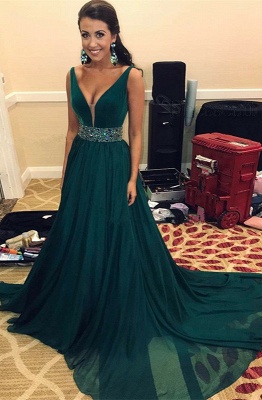 Green V-Neckprom Dress | Sleeveless Long Evening Gowns With Crystals_1