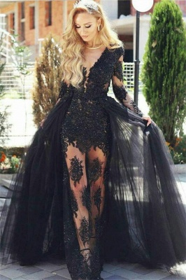 Glamorous Black Tulle Lace Prom Dresses Online | Long Sleeve Formal Gowns with Detachable Skirt BA7963_1