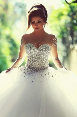 Sweetheart Crystalss Ball Gown Wedding Dress  See Through Long Sleeve -up Princess Chapel Train Wedding Gowns_1