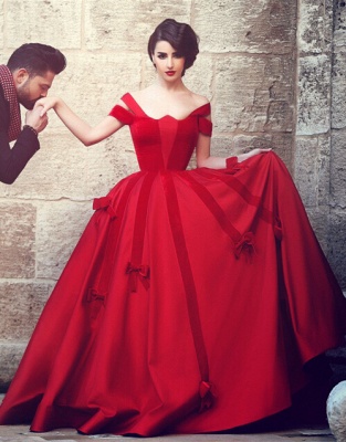 Ball Gown Wedding Dress  Off The Shoulder Burgundy with Bowknots Floor Length Bridal Gowns_4