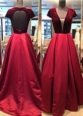 Modern Short Sleeve V-neck Custom Made A-line Burgundy Prom Dresses_1