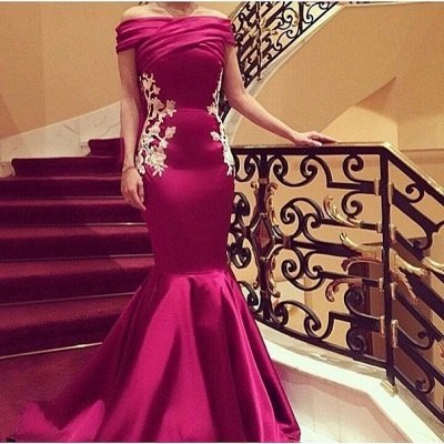 Elegant Mermaid Appliques Prom DressesOff-the-Shoulder Ruffles Evening Gowns_2