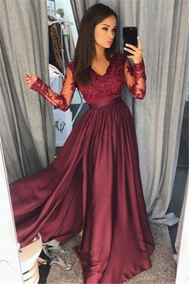 Long Sleeve Burgundy Lace Prom Dress  | V-neck New Arrival Formal Formal Dress with Slit FB0205_1