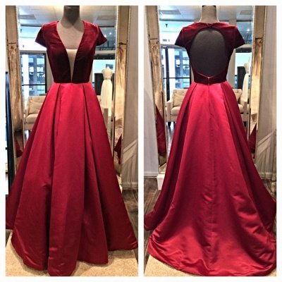 Modern Short Sleeve V-neck Custom Made A-line Burgundy Prom Dresses_3