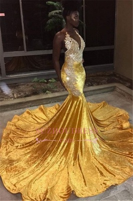 Backless Sexy Mermaid Prom Dresses Long | Sleeveless Gold  Formal Dress with Appliques_1