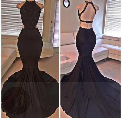 Open Back Long Sleeveless Mermaid Black Lace Long Prom Dresses  ba2666_4