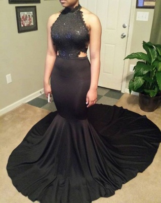 Open Back Long Sleeveless Mermaid Black Lace Long Prom Dresses  ba2666_5