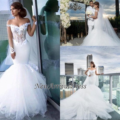 Long Sleeve Tulle Elegant Lace Appliques Mermaid Custom Made Off The Shoulder Wedding Dress_1