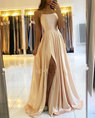 Charming Spaghetti Straps Satin Maxi Evening Dress with Side Slit  Sleeveless Gown_1