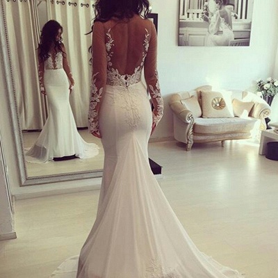 Elegant Mermaid Sheer Custom Made Long Sleeve Wedding Dresses_3