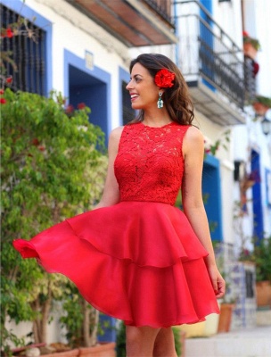 Modern Red LaceHomecoming Dress Layered Short Prom Dress_3