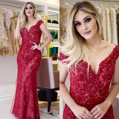 Lace V-Neck Glamorous Cap Mermaid Beading Sleeves Prom Dresses_3