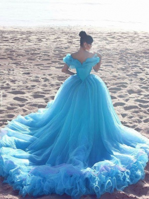 Glamorous Princess Wedding Dresses Sexy Off The Shoulder Blue Chapel Train Party Gowns_1