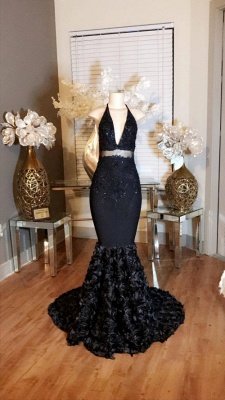 Mermaid Halter Lace Appliques Evening Gowns | Deep V-Neck Rose Flowers Prom Dresses_3