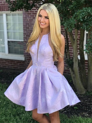 Cute Lace Lavender V-neck Sleeveless Short A-line Homecoming Dress_1