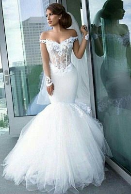 Long Sleeve Tulle Elegant Lace Appliques Mermaid Custom Made Off The Shoulder Wedding Dress_2
