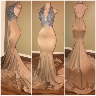 Luxury Mermaid Appliques Halter Lace Sleeveless Long Prom Dresses_3