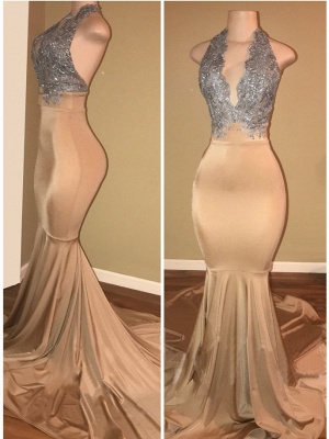 Luxury Mermaid Appliques Halter Lace Sleeveless Long Prom Dresses_2