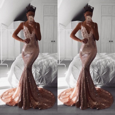 Elegant V-Neck Spaghetti-Straps Prom Dress |Sequins Mermaid Evening Gowns BA9810_5