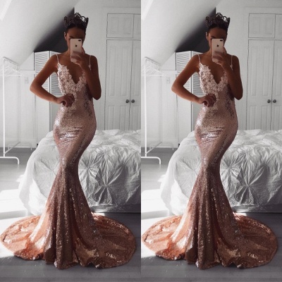 Elegant V-Neck Spaghetti-Straps Prom Dress |Sequins Mermaid Evening Gowns BA9810_3