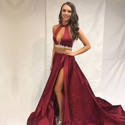 Burgundy two-pieces prom dress, long evening dress with slit_3