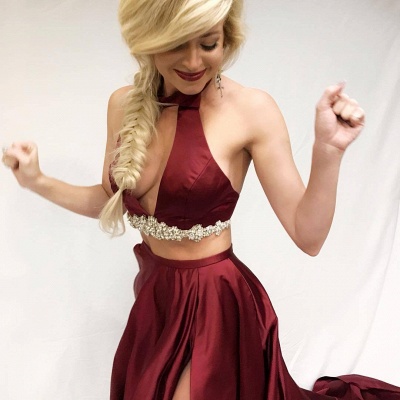 Burgundy two-pieces prom dress, long evening dress with slit_4