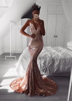 Elegant V-Neck Spaghetti-Straps Prom Dress |Sequins Mermaid Evening Gowns BA9810_1