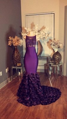 Lace Appliques Sleeveless Purple Mermaid Prom Dresses with Flowers Train_3