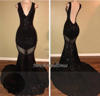 Open Back V-neck Sequined Mermaid Black Sleeveless Prom Dresses_1