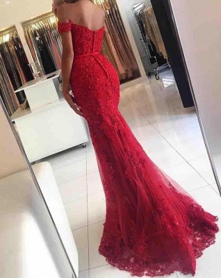 Red Off-the-shoulder Lace Appliques Mermaid Glamorous Evening Dress_7