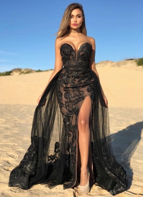 2021 Sexy Black Sweetheart Ballkleider | Perlen Side Slit Overskirt Günstige Abendkleid_1