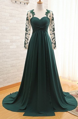 Dark Green Long Sleeve Formal Dresses for Women | Appliques Chiffon Evening Gowns_1