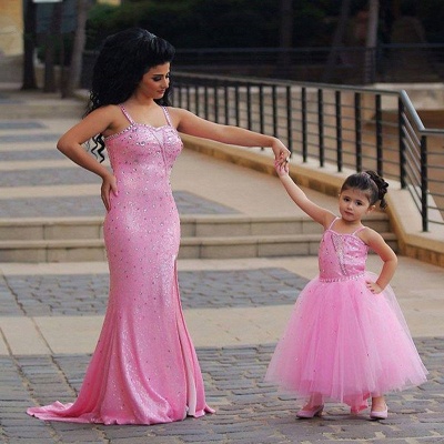 Spaghetti-Straps Sexy Open-Back Sequined Crystal Mermaid Pink Prom Dress_1