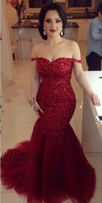 Off the Shoulder Red Mermaid Prom Dresses Sexy TulleEvening Gowns  | Plus Size Prom Dress_2