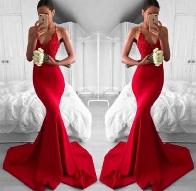 Mermaid Lace Sexy Red V-Neck Long Lace Prom Dress_3