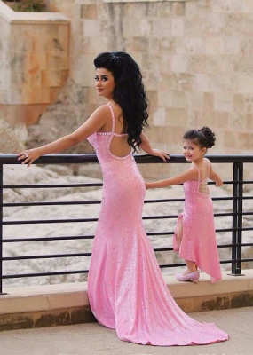 Spaghetti-Straps Sexy Open-Back Sequined Crystal Mermaid Pink Prom Dress_4