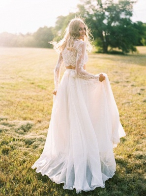 Elegantes vestidos de novia de una línea de encaje de gasa de manga larga de dos piezas_2