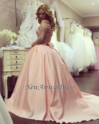 Gold-Lace Bowknot Off-the-Shoulder Ball-Gown Long-Sleeves Prom Dresses_1