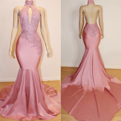 Open Back Mermaid Long Prom Dresses   for Juniors | Sleeveless Appliques Pink Formal Dresses_3