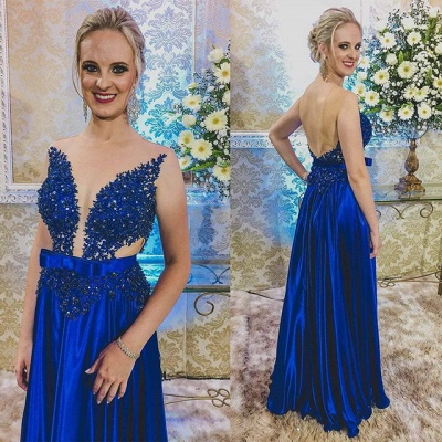 Newest Royal Blue Lace Appliques Prom Dress | Backless Prom Dress_3