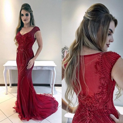 Red Cap-Sleeves Mermaid Gorgeous Prom Dress_3