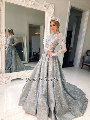 A Lace Long Line Prom Dresses Silver Sleeve Evening Gowns_3