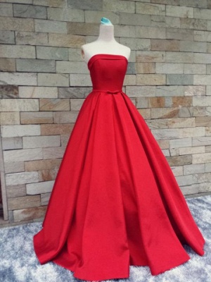 Strapless Red Bows-Sashes Puffy Simple Long Prom Dresses  BA8232_6