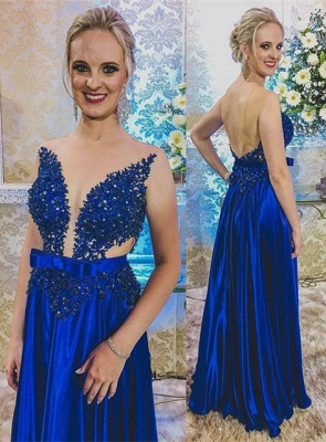 Neueste Royal Blue Lace Appliques Abendkleid | Rückenfreies Ballkleid_1