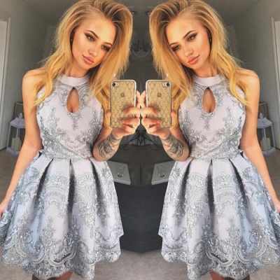 Modest Lace Keyhole Sleeveless Halter Homecoming Dress |Short Homecoming Dress_3