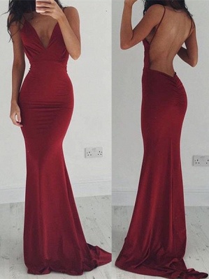 Backless Burgundy Stretchy Spaghettis-Straps Sheath Prom Dresses_3